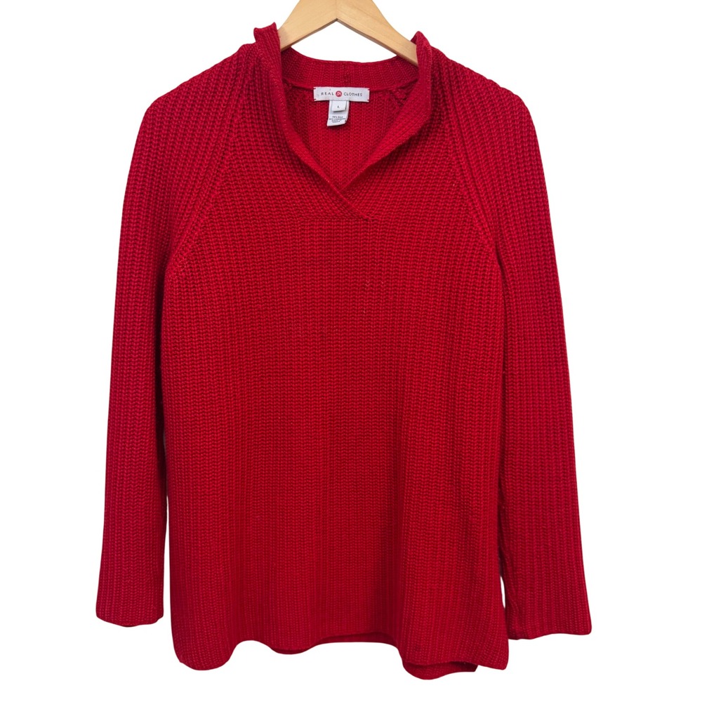 Real Clothes Sweater Large Red Silk Cashmere Ribbed Knit V-Neck Pullover
